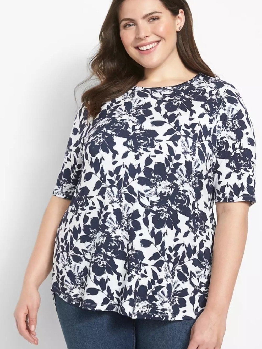 Lane Bryant White Short Sleeve Top with Navy And White Floral